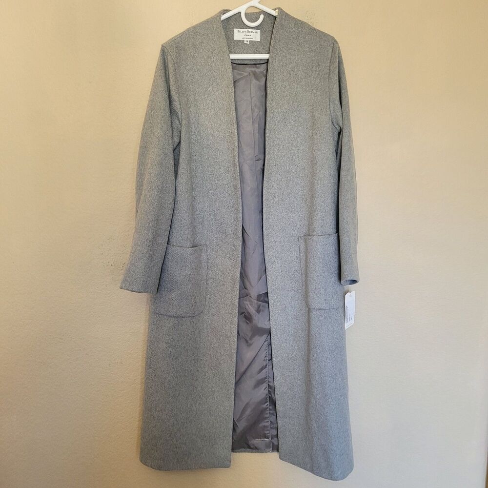 Helene Berman Womens Longline Over Coat Size 14 Gray Wool Blend Pockets Nwt